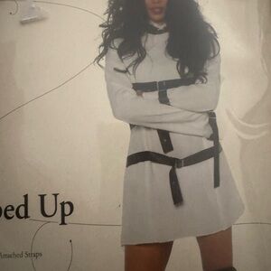 White and Black Belted Midi Dress. Straight jacket for Halloween.